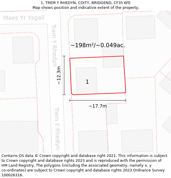 1, TREM Y RHEDYN, COITY, BRIDGEND, CF35 6FE: Plot and title map