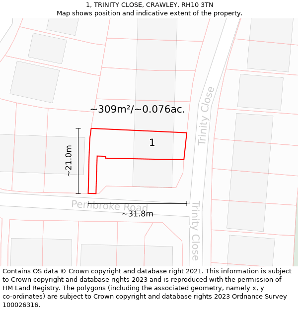 1, TRINITY CLOSE, CRAWLEY, RH10 3TN: Plot and title map