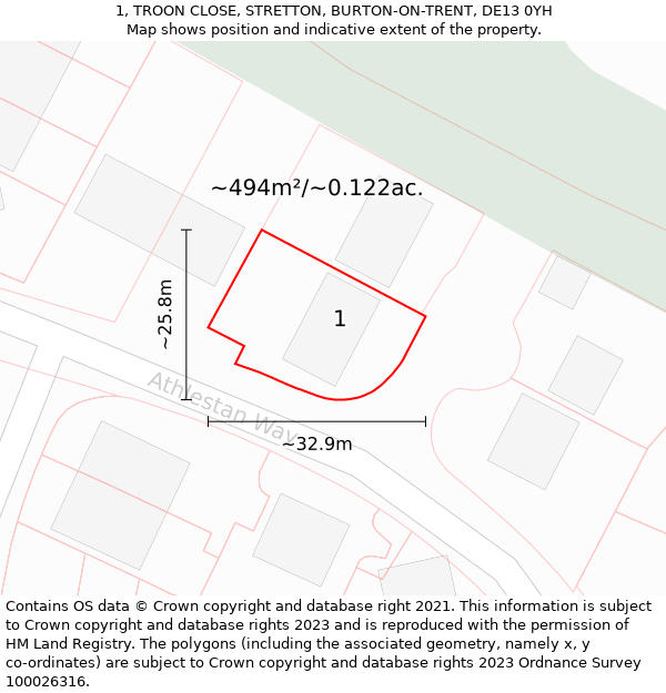 1, TROON CLOSE, STRETTON, BURTON-ON-TRENT, DE13 0YH: Plot and title map