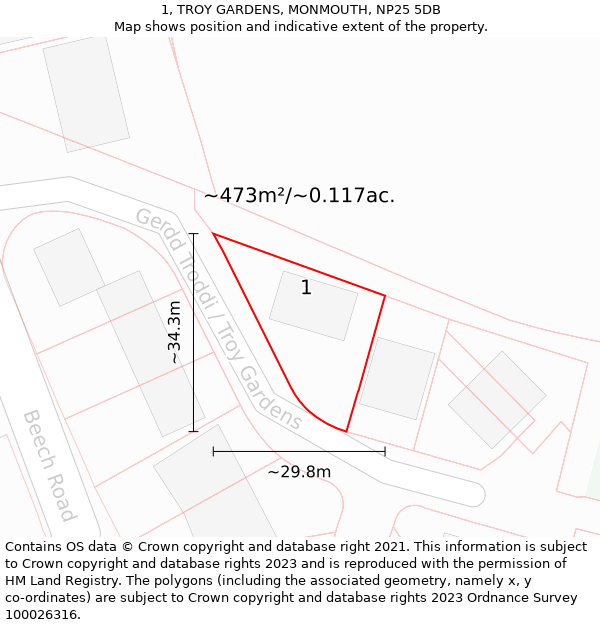 1, TROY GARDENS, MONMOUTH, NP25 5DB: Plot and title map