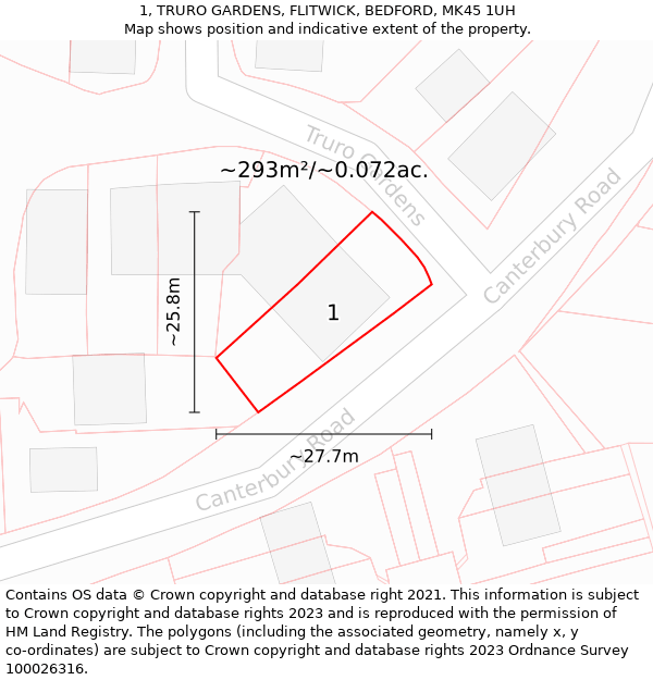 1, TRURO GARDENS, FLITWICK, BEDFORD, MK45 1UH: Plot and title map