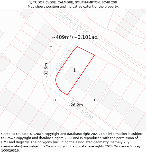 1, TUDOR CLOSE, CALMORE, SOUTHAMPTON, SO40 2SR: Plot and title map
