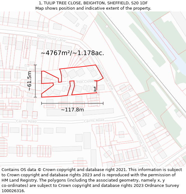 1, TULIP TREE CLOSE, BEIGHTON, SHEFFIELD, S20 1DF: Plot and title map