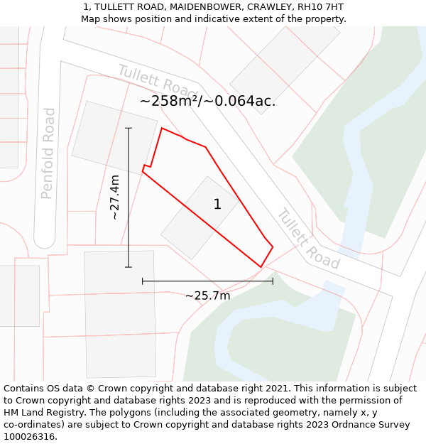 1, TULLETT ROAD, MAIDENBOWER, CRAWLEY, RH10 7HT: Plot and title map