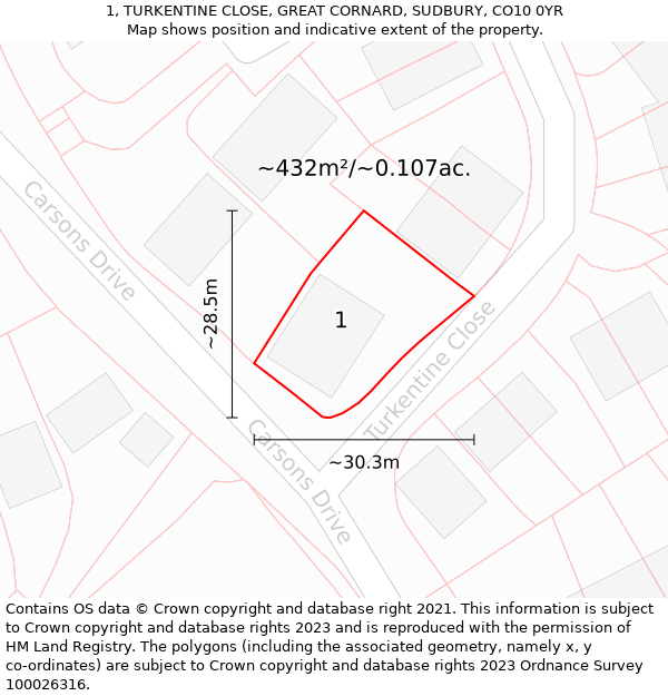 1, TURKENTINE CLOSE, GREAT CORNARD, SUDBURY, CO10 0YR: Plot and title map