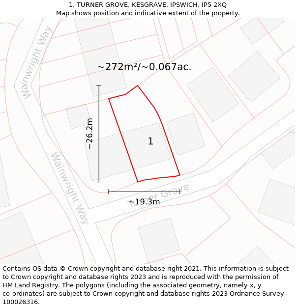 1, TURNER GROVE, KESGRAVE, IPSWICH, IP5 2XQ: Plot and title map