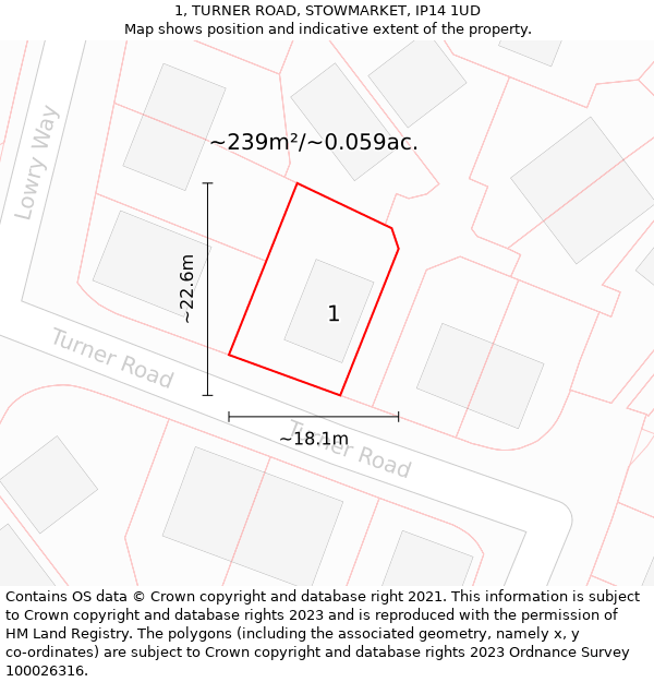 1, TURNER ROAD, STOWMARKET, IP14 1UD: Plot and title map