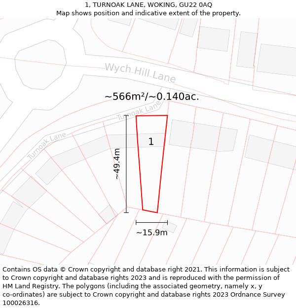 1, TURNOAK LANE, WOKING, GU22 0AQ: Plot and title map