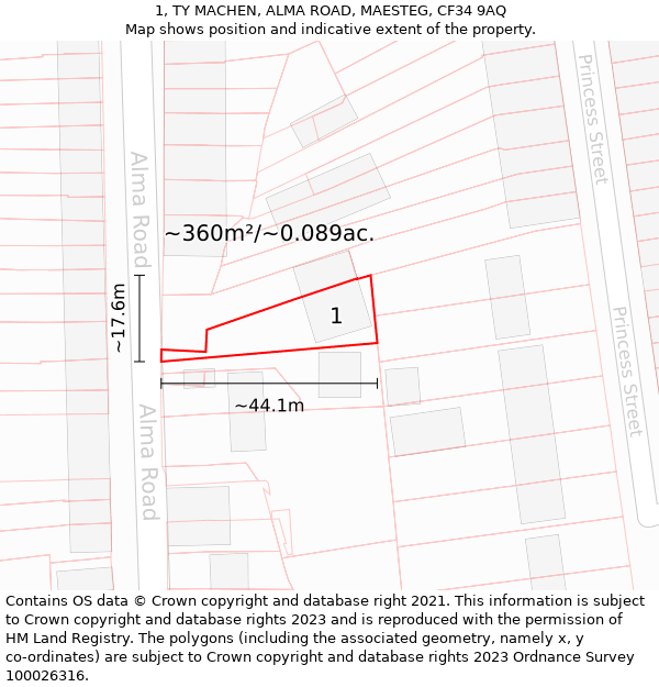 1, TY MACHEN, ALMA ROAD, MAESTEG, CF34 9AQ: Plot and title map