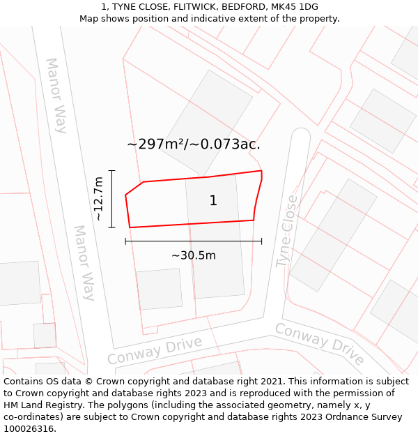 1, TYNE CLOSE, FLITWICK, BEDFORD, MK45 1DG: Plot and title map