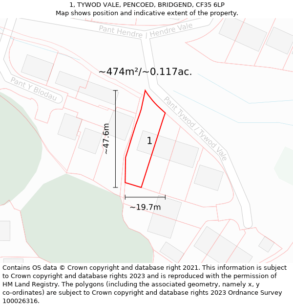 1, TYWOD VALE, PENCOED, BRIDGEND, CF35 6LP: Plot and title map