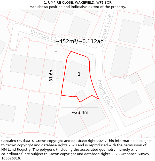 1, UMPIRE CLOSE, WAKEFIELD, WF1 3QR: Plot and title map
