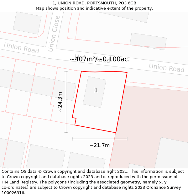 1, UNION ROAD, PORTSMOUTH, PO3 6GB: Plot and title map