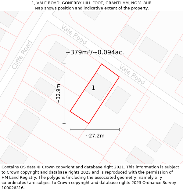 1, VALE ROAD, GONERBY HILL FOOT, GRANTHAM, NG31 8HR: Plot and title map