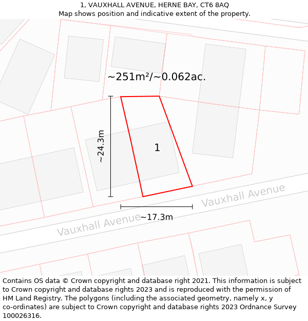 1, VAUXHALL AVENUE, HERNE BAY, CT6 8AQ: Plot and title map