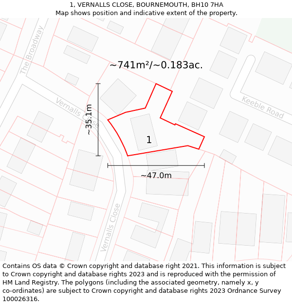 1, VERNALLS CLOSE, BOURNEMOUTH, BH10 7HA: Plot and title map