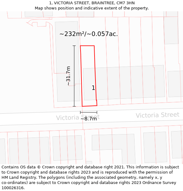1, VICTORIA STREET, BRAINTREE, CM7 3HN: Plot and title map