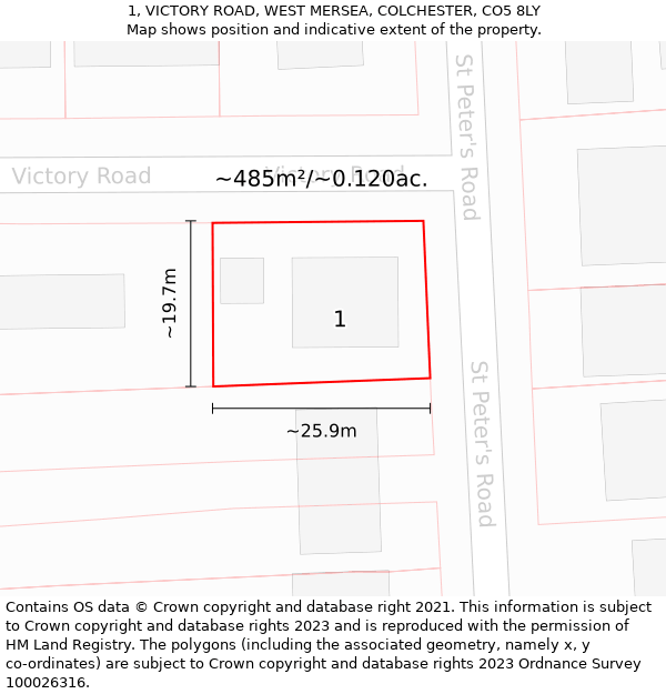 1, VICTORY ROAD, WEST MERSEA, COLCHESTER, CO5 8LY: Plot and title map