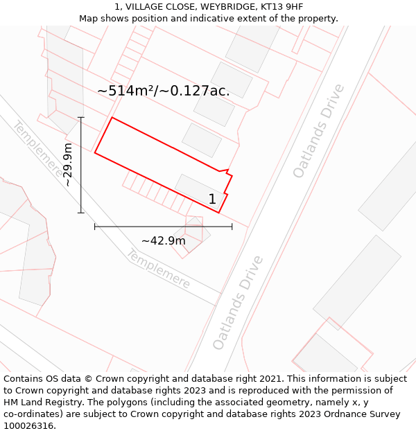 1, VILLAGE CLOSE, WEYBRIDGE, KT13 9HF: Plot and title map