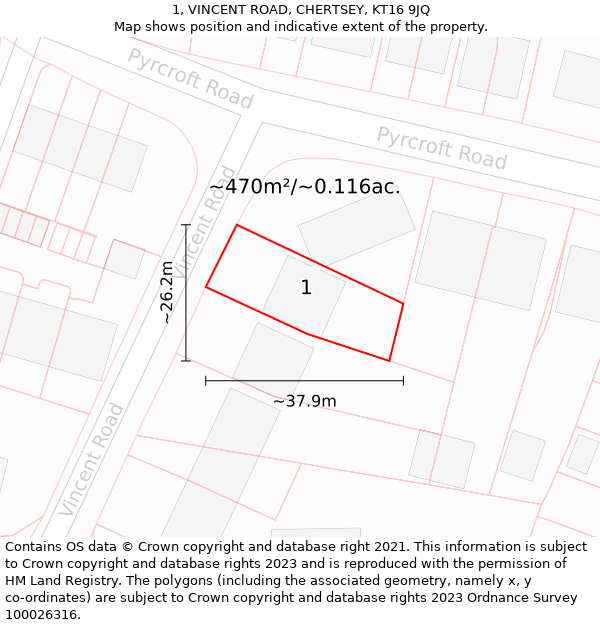 1, VINCENT ROAD, CHERTSEY, KT16 9JQ: Plot and title map