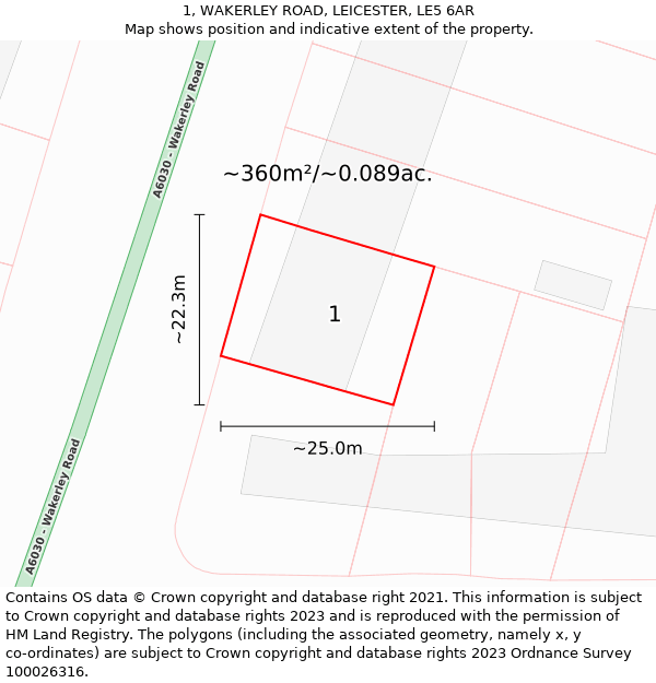 1, WAKERLEY ROAD, LEICESTER, LE5 6AR: Plot and title map