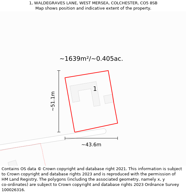 1, WALDEGRAVES LANE, WEST MERSEA, COLCHESTER, CO5 8SB: Plot and title map
