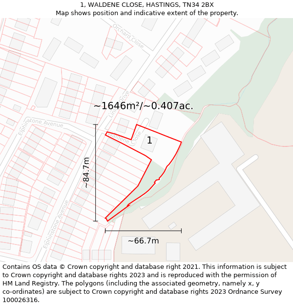 1, WALDENE CLOSE, HASTINGS, TN34 2BX: Plot and title map