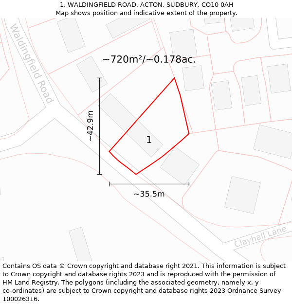 1, WALDINGFIELD ROAD, ACTON, SUDBURY, CO10 0AH: Plot and title map