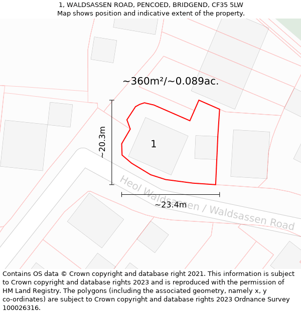 1, WALDSASSEN ROAD, PENCOED, BRIDGEND, CF35 5LW: Plot and title map