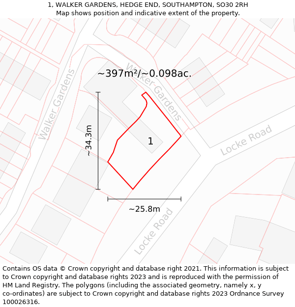 1, WALKER GARDENS, HEDGE END, SOUTHAMPTON, SO30 2RH: Plot and title map