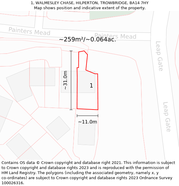 1, WALMESLEY CHASE, HILPERTON, TROWBRIDGE, BA14 7HY: Plot and title map