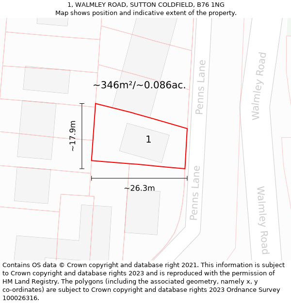 1, WALMLEY ROAD, SUTTON COLDFIELD, B76 1NG: Plot and title map