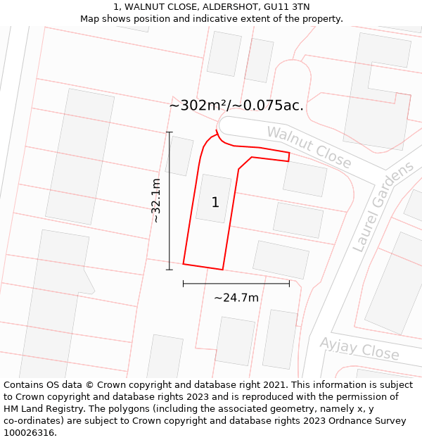 1, WALNUT CLOSE, ALDERSHOT, GU11 3TN: Plot and title map