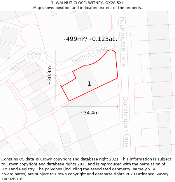 1, WALNUT CLOSE, WITNEY, OX28 5XH: Plot and title map