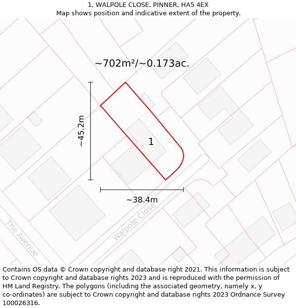 1, WALPOLE CLOSE, PINNER, HA5 4EX: Plot and title map