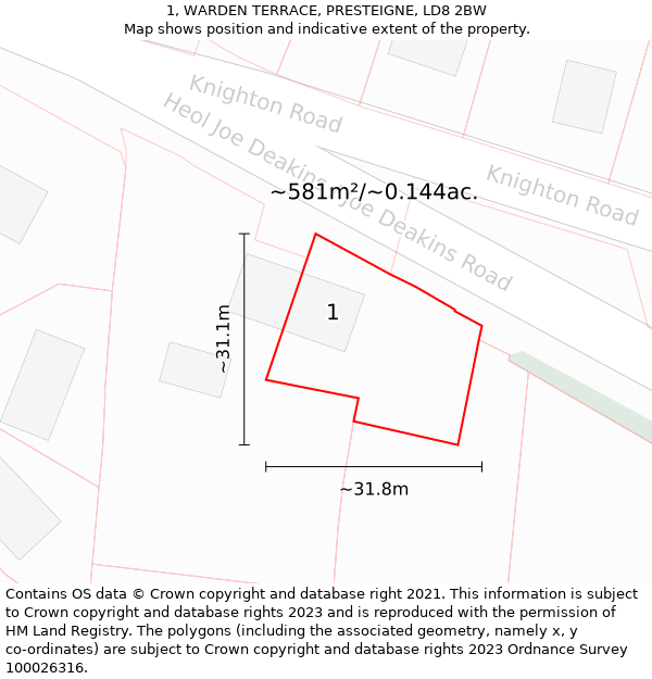 1, WARDEN TERRACE, PRESTEIGNE, LD8 2BW: Plot and title map