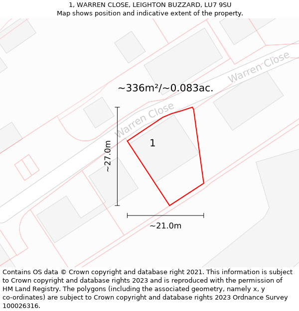 1, WARREN CLOSE, LEIGHTON BUZZARD, LU7 9SU: Plot and title map