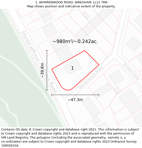 1, WARRENWOOD ROAD, WREXHAM, LL12 7RN: Plot and title map