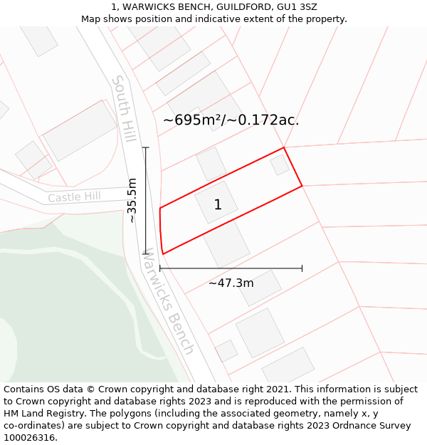 1, WARWICKS BENCH, GUILDFORD, GU1 3SZ: Plot and title map