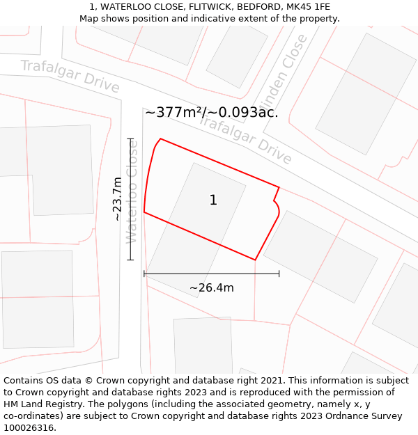 1, WATERLOO CLOSE, FLITWICK, BEDFORD, MK45 1FE: Plot and title map