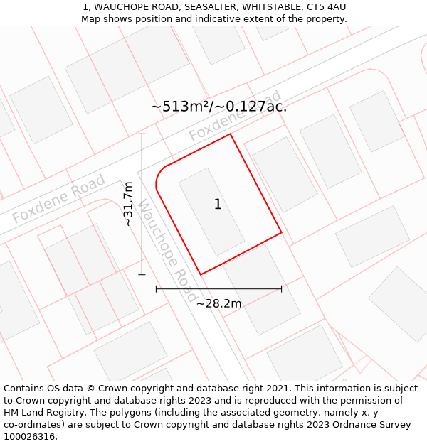 1, WAUCHOPE ROAD, SEASALTER, WHITSTABLE, CT5 4AU: Plot and title map