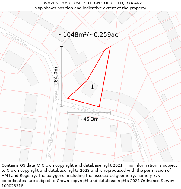 1, WAVENHAM CLOSE, SUTTON COLDFIELD, B74 4NZ: Plot and title map