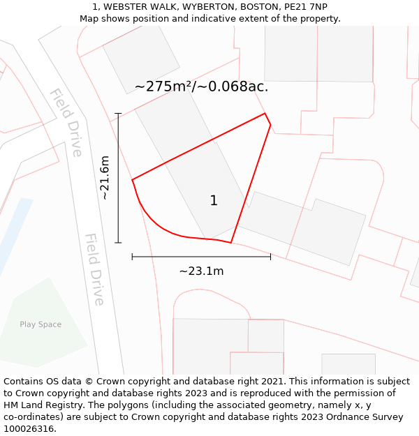 1, WEBSTER WALK, WYBERTON, BOSTON, PE21 7NP: Plot and title map