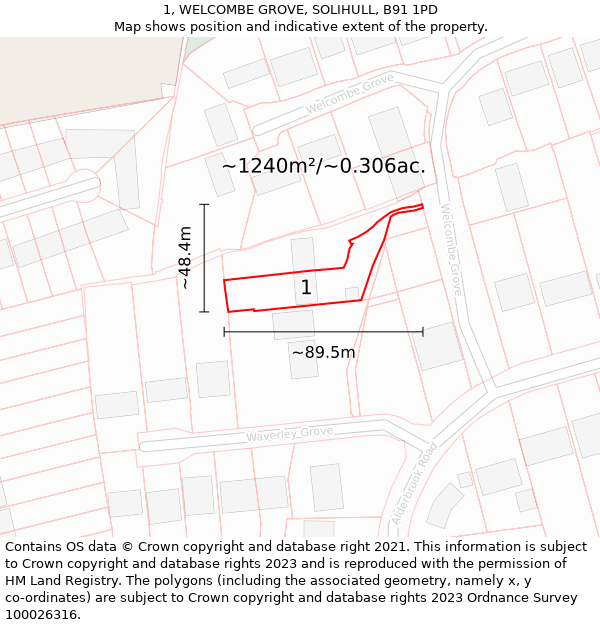 1, WELCOMBE GROVE, SOLIHULL, B91 1PD: Plot and title map