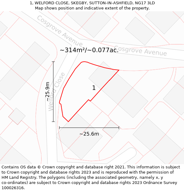 1, WELFORD CLOSE, SKEGBY, SUTTON-IN-ASHFIELD, NG17 3LD: Plot and title map