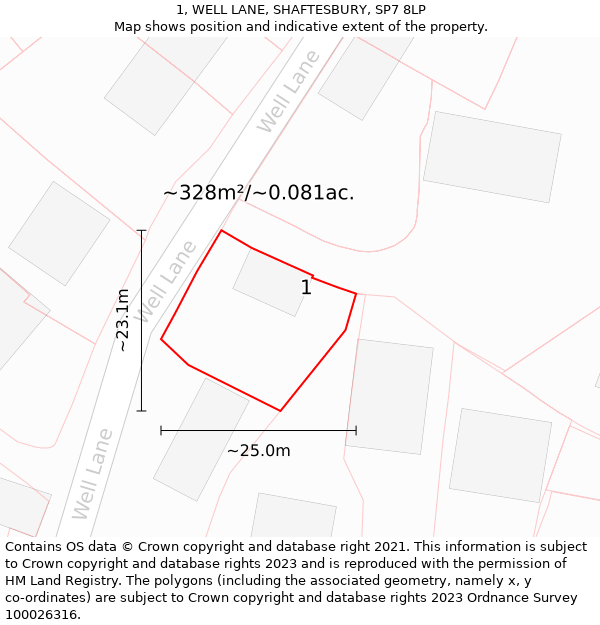 1, WELL LANE, SHAFTESBURY, SP7 8LP: Plot and title map