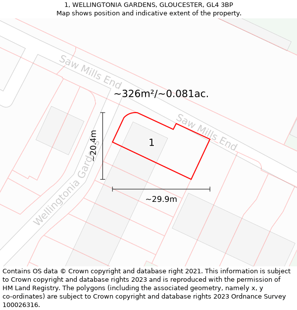 1, WELLINGTONIA GARDENS, GLOUCESTER, GL4 3BP: Plot and title map