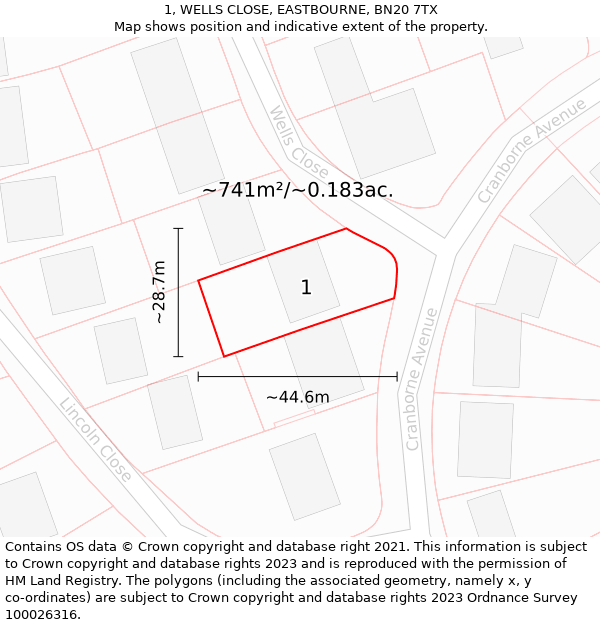 1, WELLS CLOSE, EASTBOURNE, BN20 7TX: Plot and title map