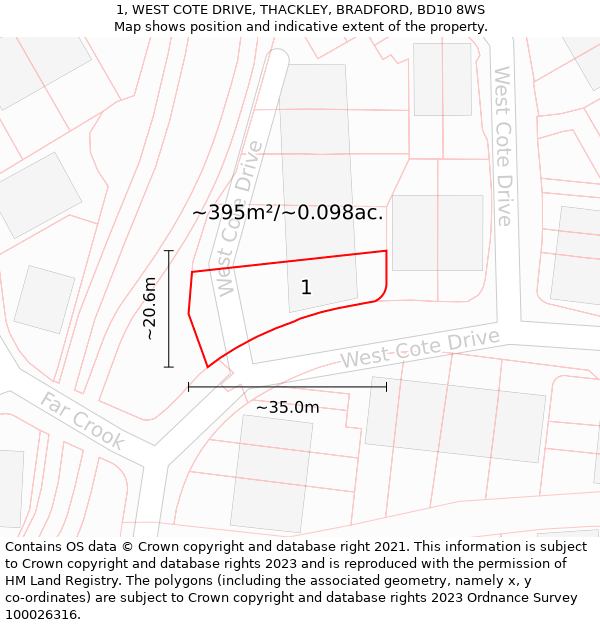 1, WEST COTE DRIVE, THACKLEY, BRADFORD, BD10 8WS: Plot and title map