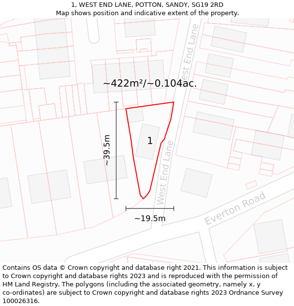 1, WEST END LANE, POTTON, SANDY, SG19 2RD: Plot and title map